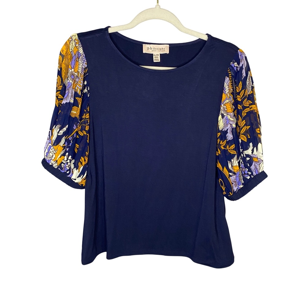 Philosophy‎ Petite Navy Blue Floral Mixed Media Puff Sleeve Knit Top PL